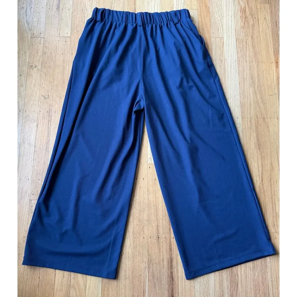 Halara Blue Pull On High Rise Pleated Wide Leg Stretch Knit Trouser Pants Sz LP - Picture 7 of 15